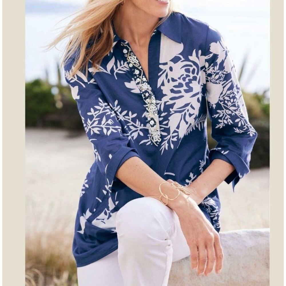 Soft Surroundings Medium Margaux Beaded Navy White Floral Tunic Pockets New
